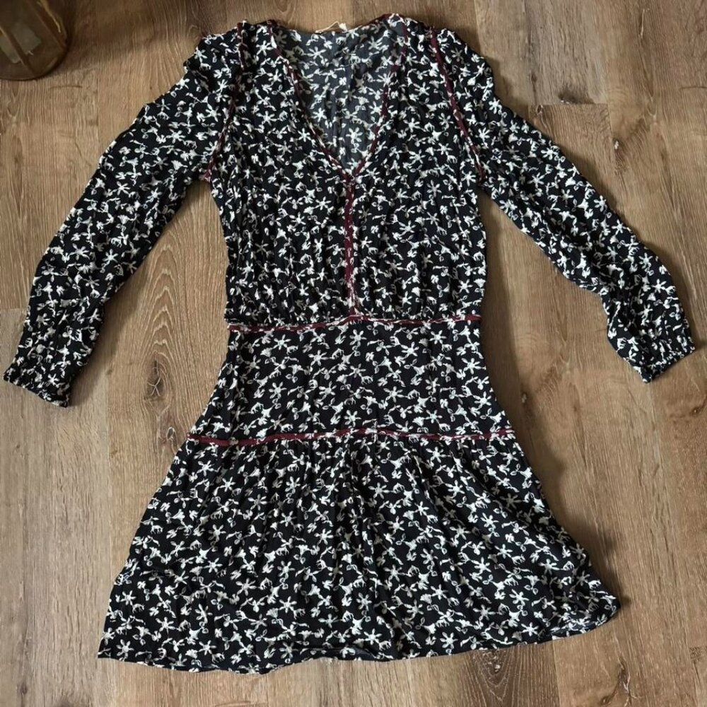Ba&sh Catarina Black and White Floral Mini Dress with Red Accents Size 2
